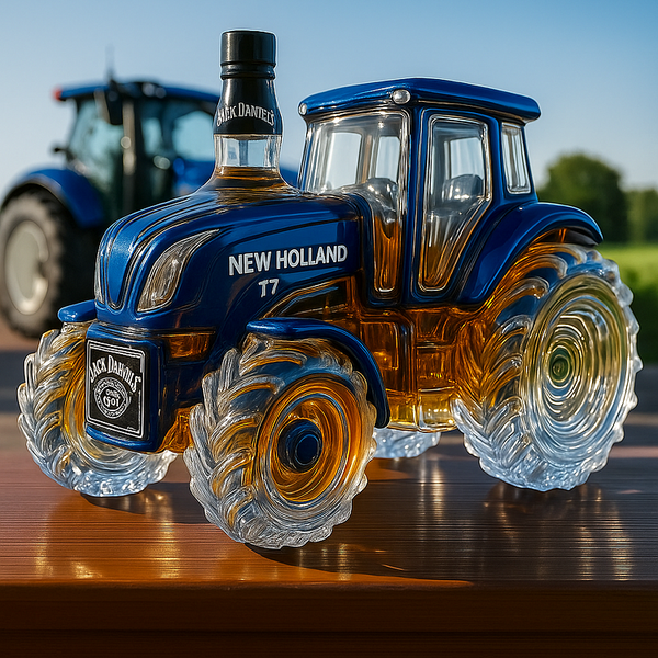 Classic Whiskey bottle in the shape of a New Holland T7 tractor