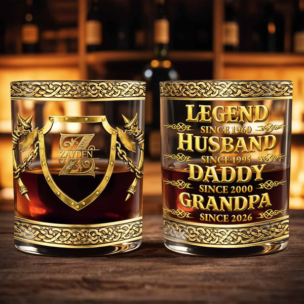 WHISKEYPEST | Legendary Husband Father Grandpa Shield and Axes Golden Design - Personalized Whiskey Glass - DAD327_RWG