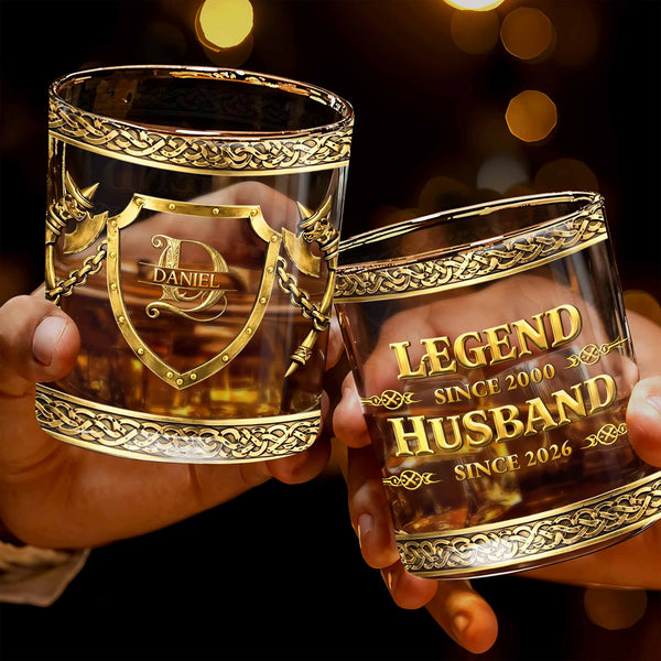 WHISKEYPEST | Legendary Husband Father Grandpa Shield and Axes Golden Design - Personalized Whiskey Glass - DAD327_RWG
