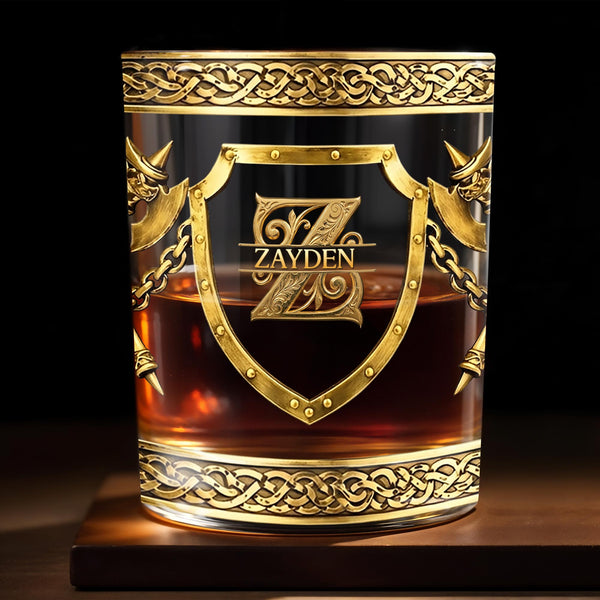 Unique Monogram with a Men's Shield and Battle Axe, Medieval Knight - Personalized Whisky Glass - HIM015_RWG