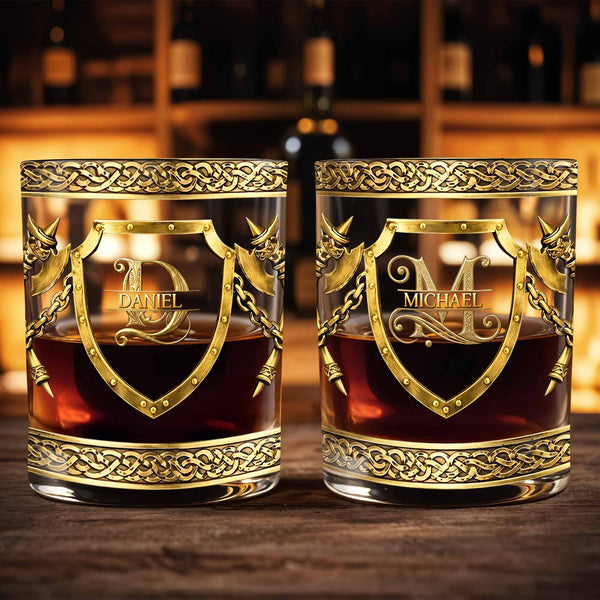 Unique Monogram with a Men's Shield and Battle Axe, Medieval Knight - Personalized Whisky Glass - HIM015_RWG