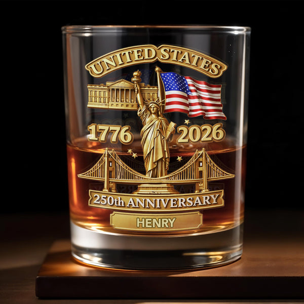 250th Anniversary in the United States with the Statue of Liberty and American Flag - Personalized Unique Whiskey Glass - INDE214_RWG