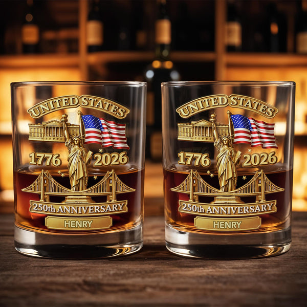 250th Anniversary in the United States with the Statue of Liberty and American Flag - Personalized Unique Whiskey Glass - INDE214_RWG